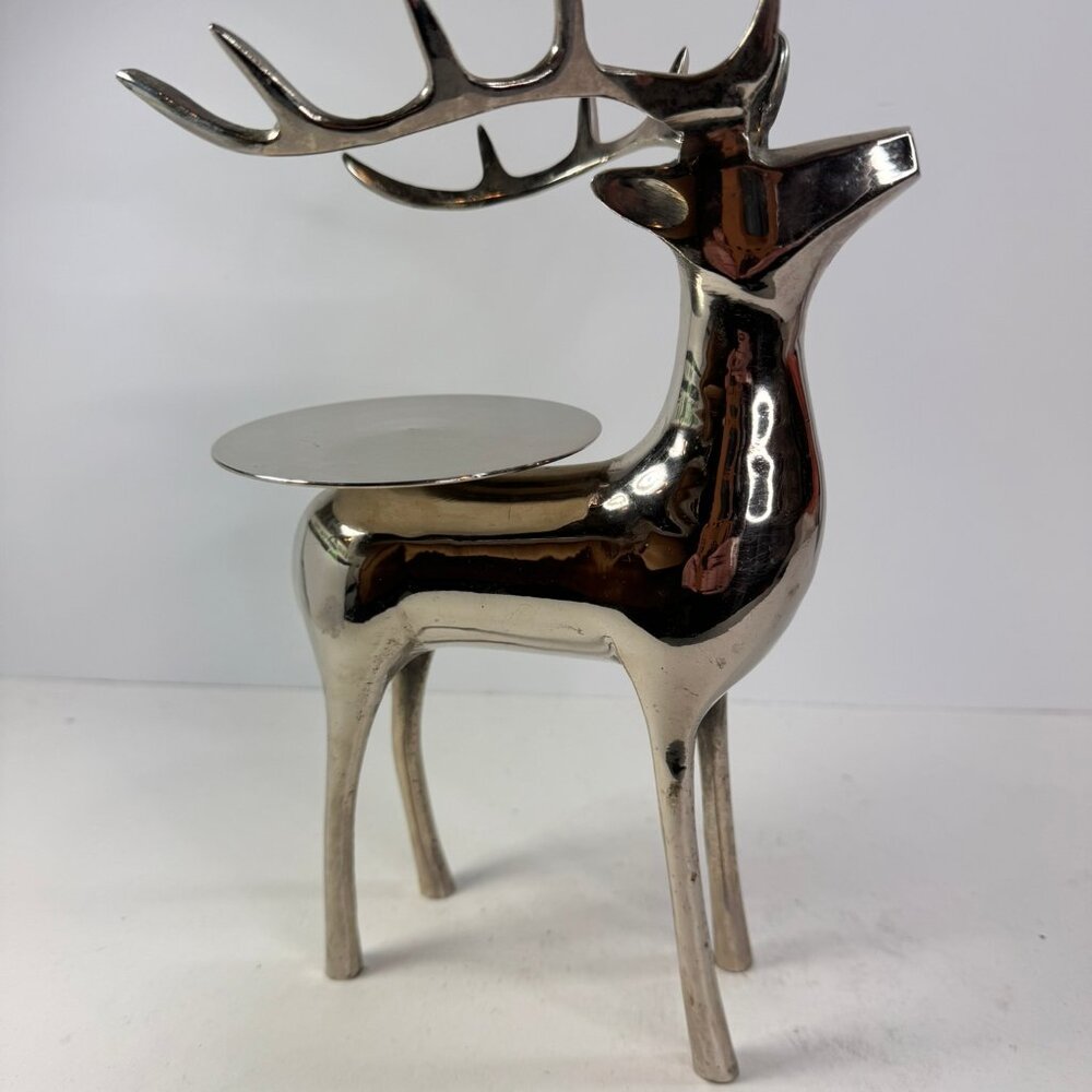Reindeer Stag Platform Candle Holder Silver Metal Decor 10.5" tall
